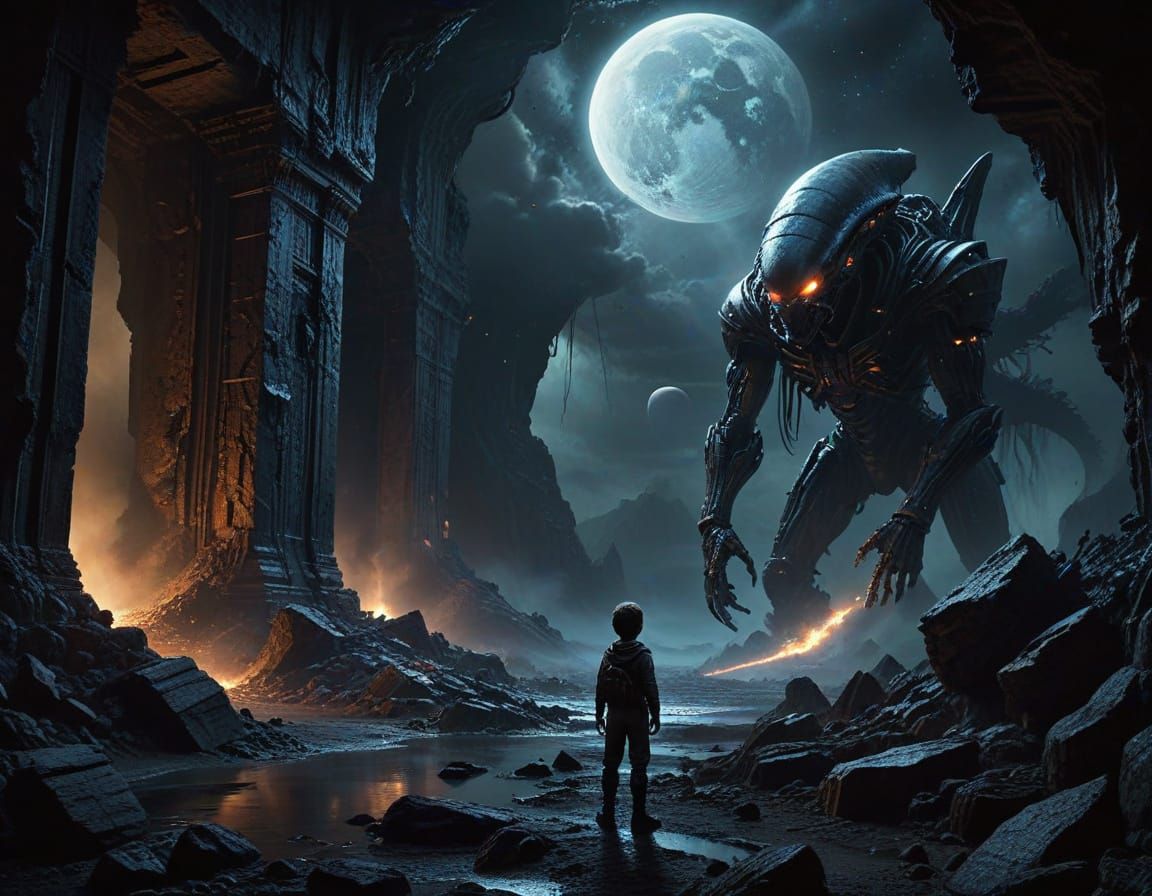 Child Boy Gazes at Alien Ruin in Chiaroscuro Oil Painting