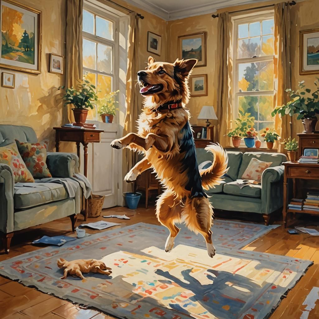 Dog Greets Owner: Impressionist Gouache Masterpiece