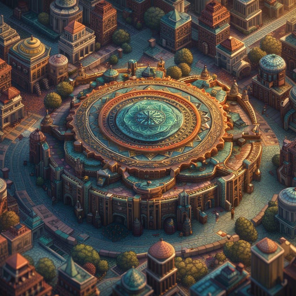 Isometric Mandala Pattern of a Multicolored Megacity