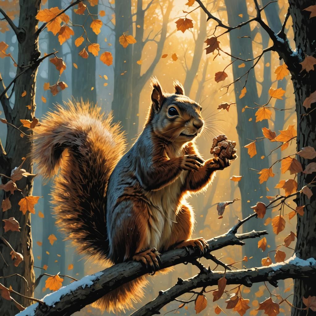 Squirrel Silhouette at Golden Hour, Struzan Style