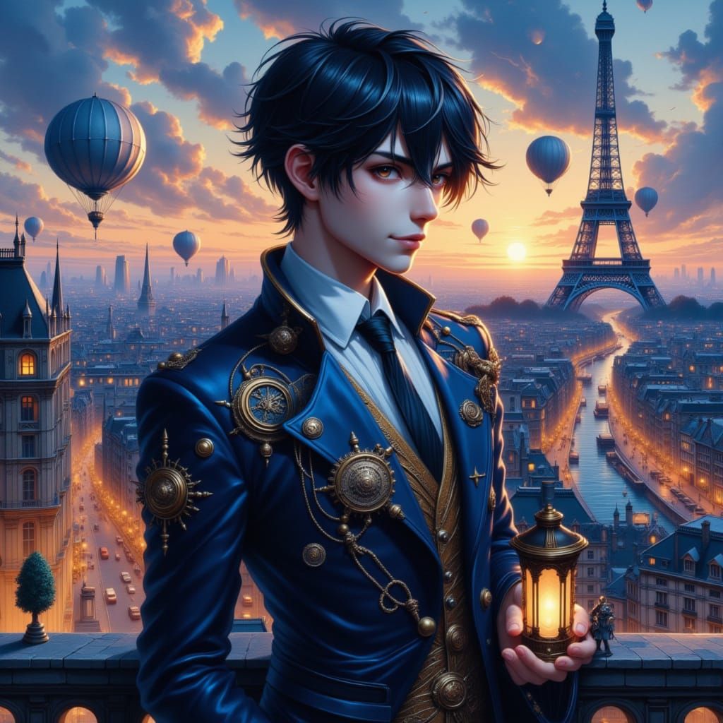Anime Steampunk Gentleman in Paris at Dusk