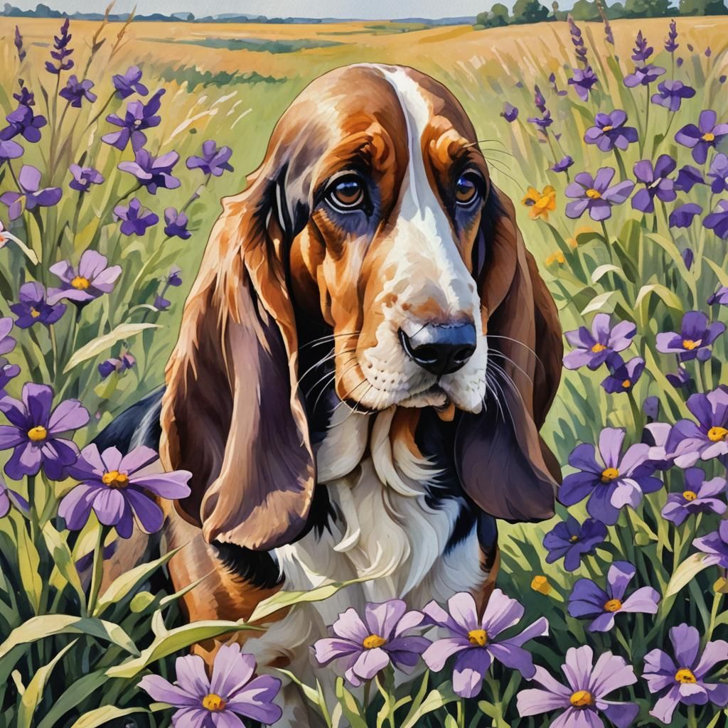 Basset Hound Sniffs Flower as Gouache Painting