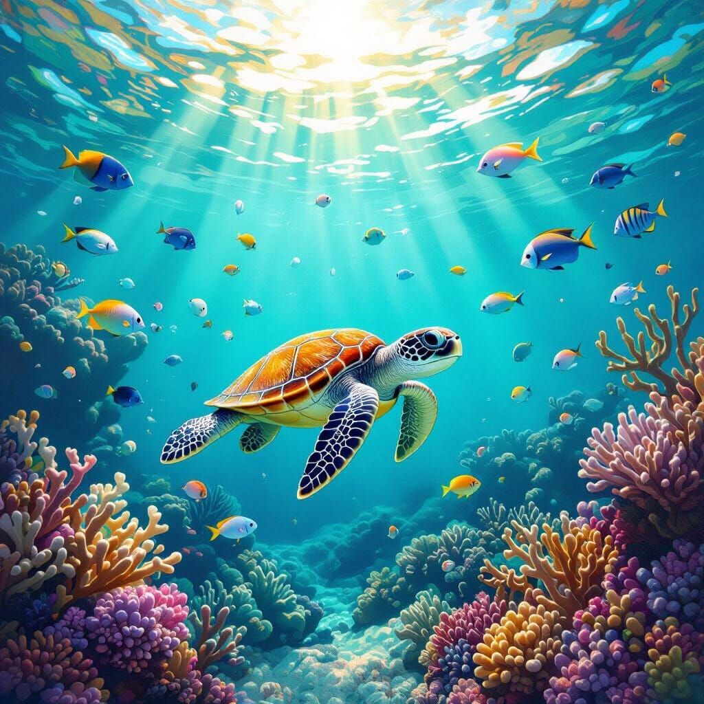 Baby Sea Turtle in Vibrant Teal Ocean with Coral Reefs