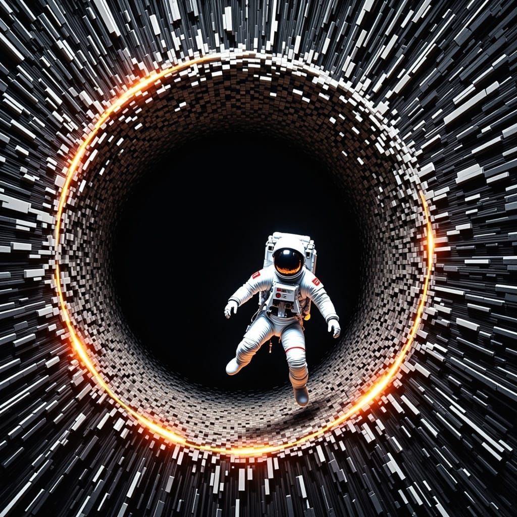 Glitch Art Depiction of an Astronaut in the Event Horizon