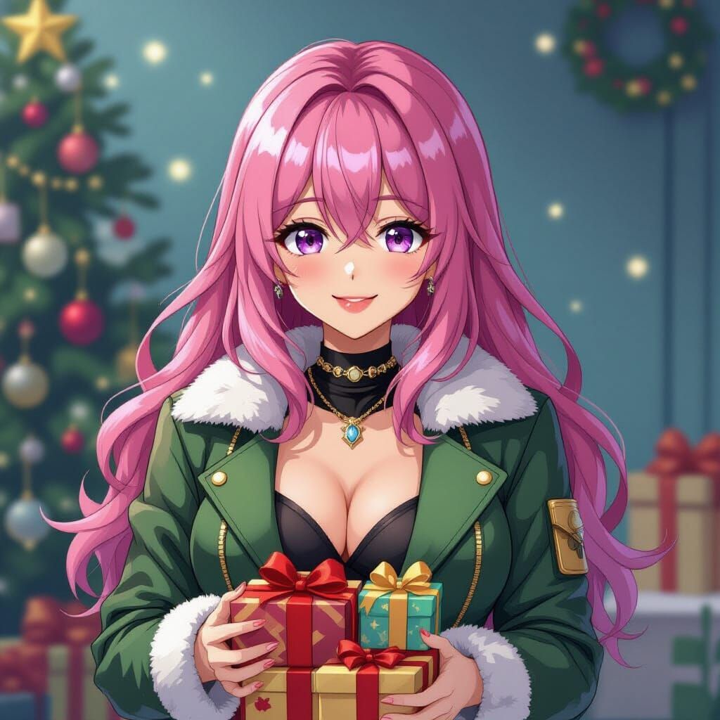 Anime Style Woman with Presents in Alcohol Ink