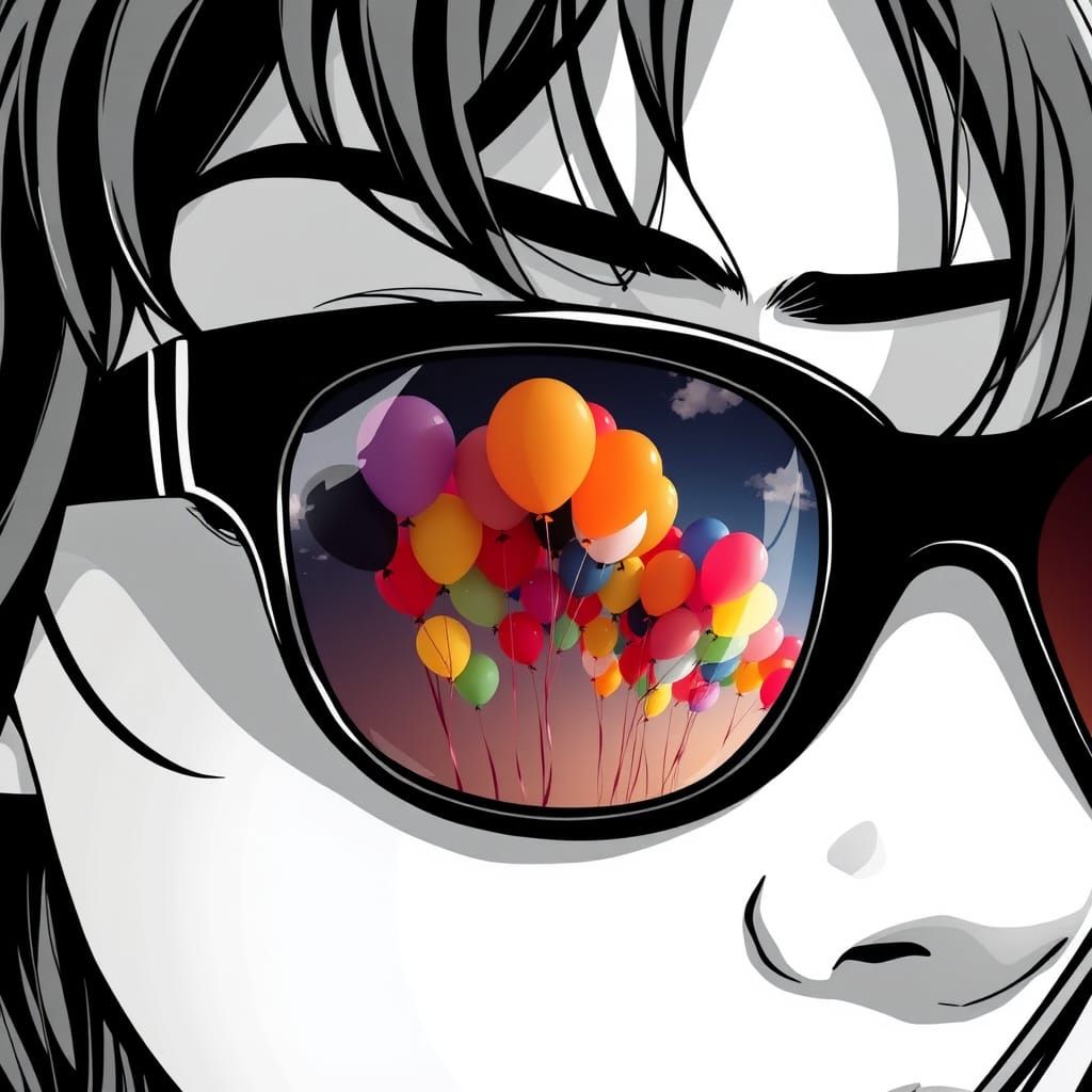 Sunglasses Reflecting Colorful Balloons in Black and White