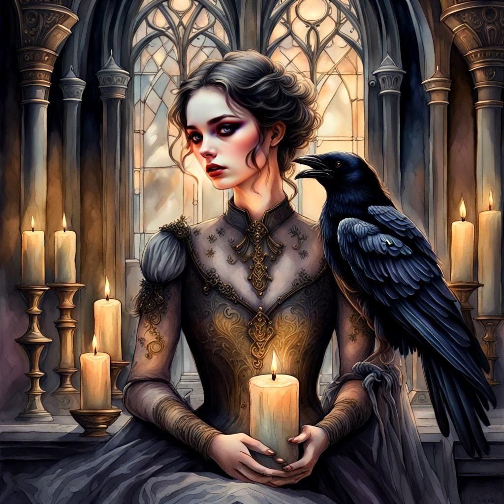 Gothic Angel with Raven in Watercolour Art