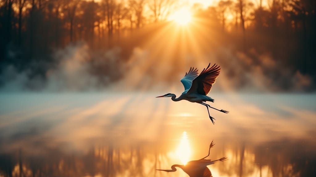 Great Blue Heron Takes Flight at Dawn Over Misty Lake