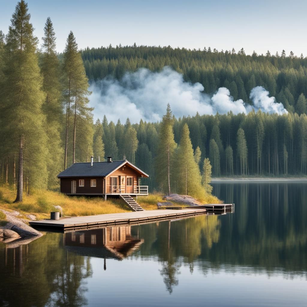 Finnish Cabin Scene with Sauna and Lake