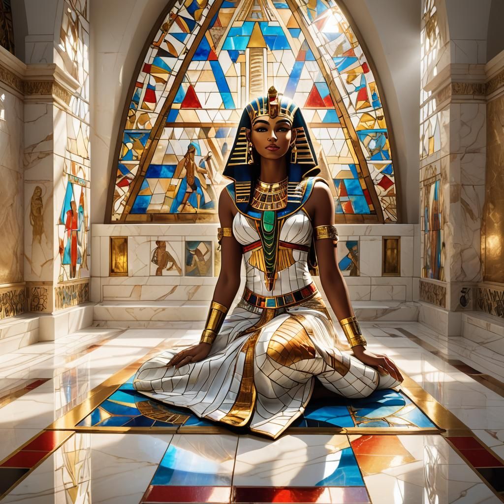 Egyptian Goddess Bathed in Stained Glass Light