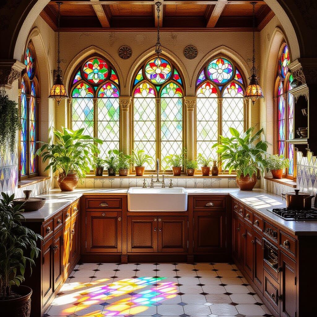 Medieval Kitchen with Stained Glass in Pre-Raphaelite Style
