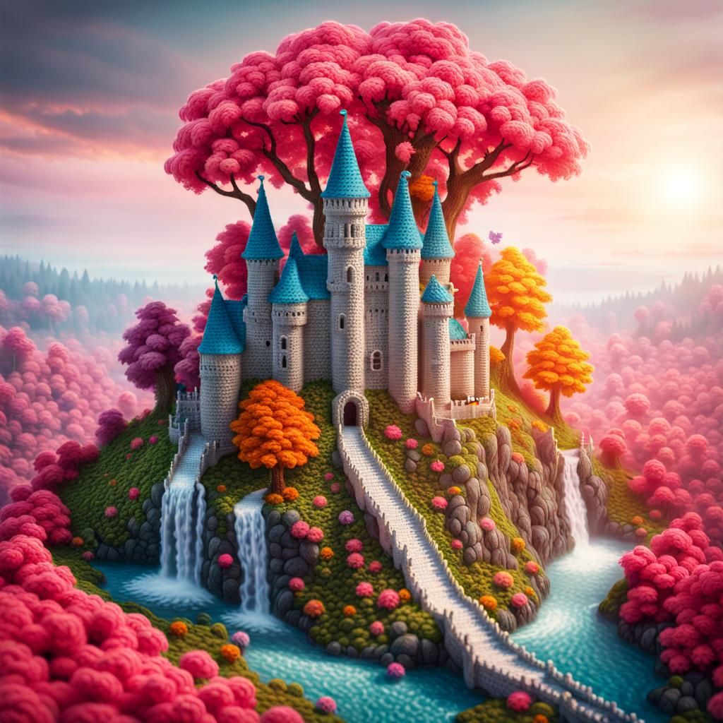 Crochet Castle in Yarn World: A Surreal Landscape