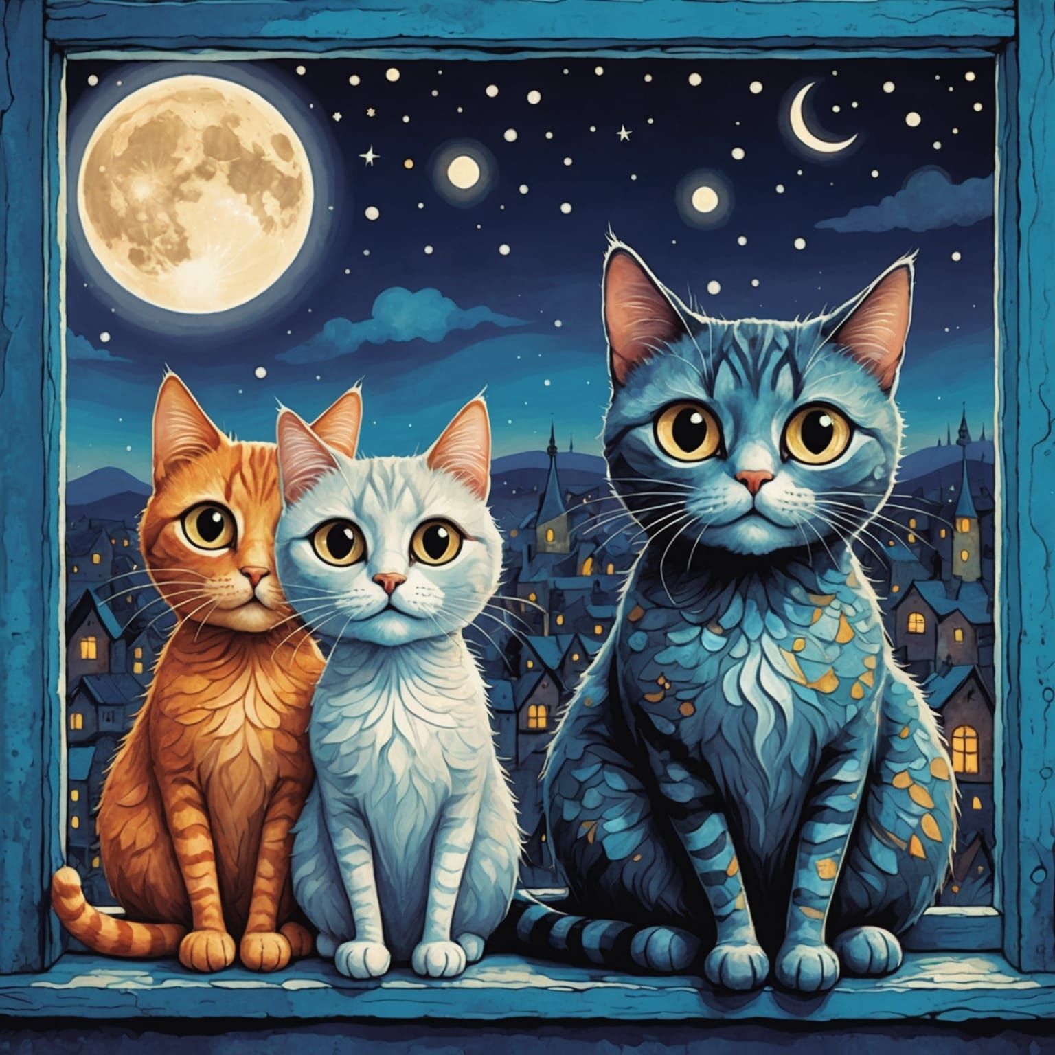 Whimsical Cats with Shiny Eyes on Windowsill