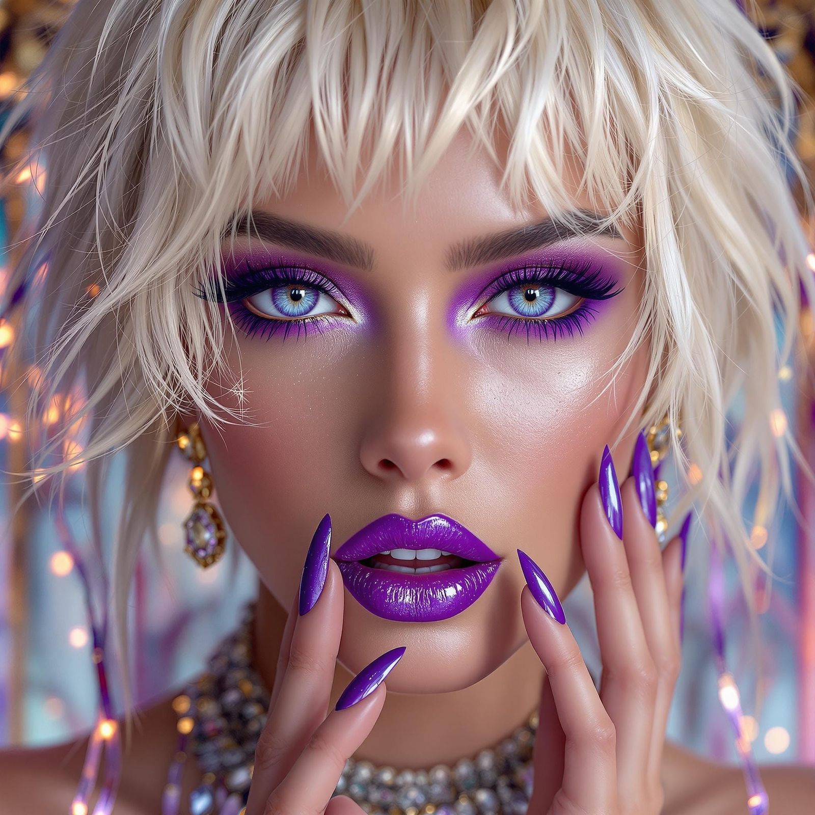 Platinum Blonde with Purple Eyes in Art Nouveau Style