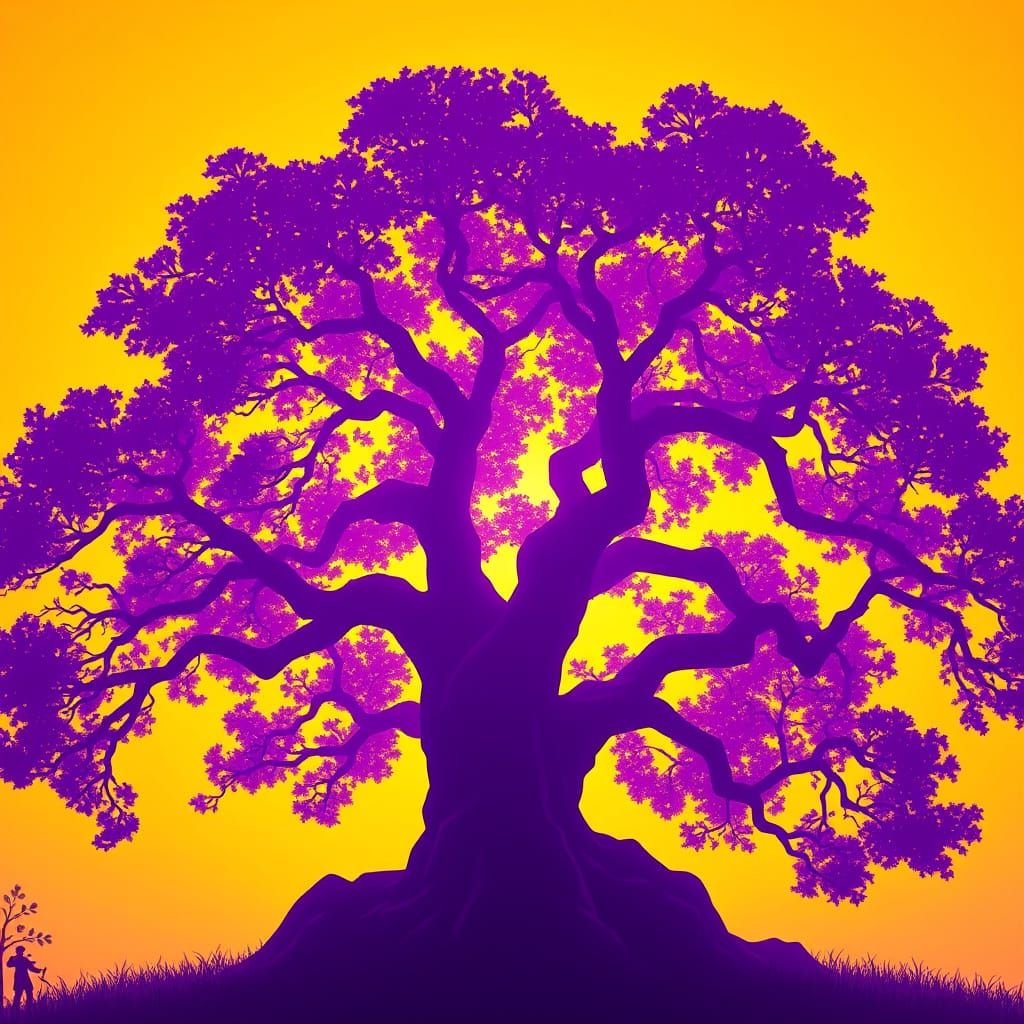 Fantastical Tree Silhouette Against Vibrant Yellow Backgroun...
