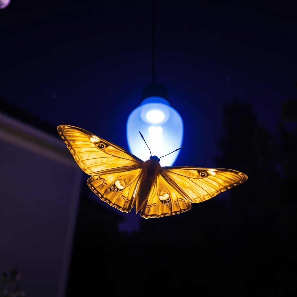 Ethereal Nighttime Scene with a Moth and Floating Lamp