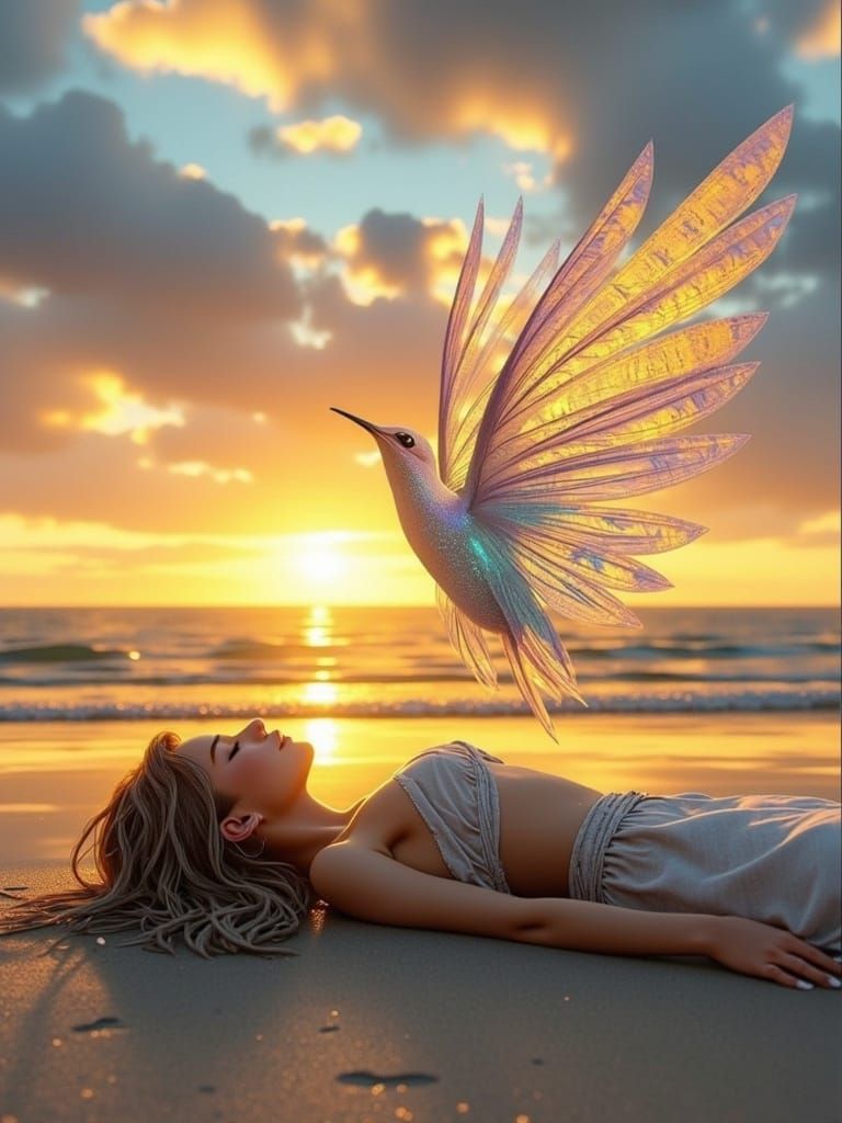 Hummingbird Soul Ascends on Sun-Kissed Beach