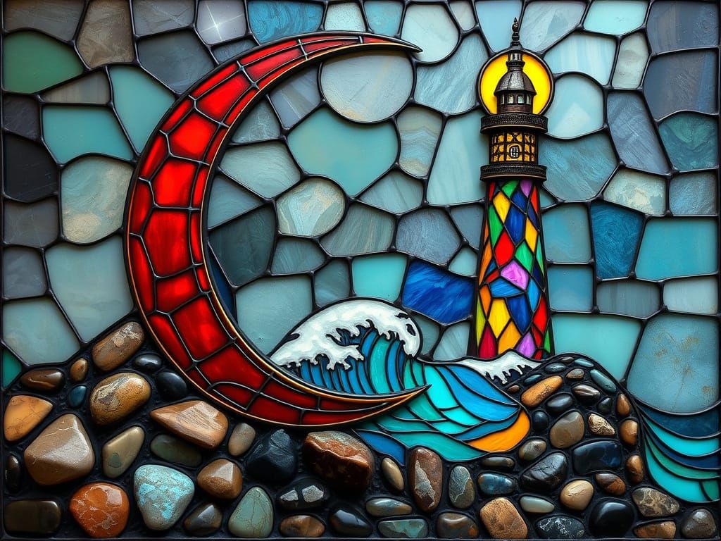 Surreal Steampunk Lighthouse Under Cyberpunk Crescent Moon