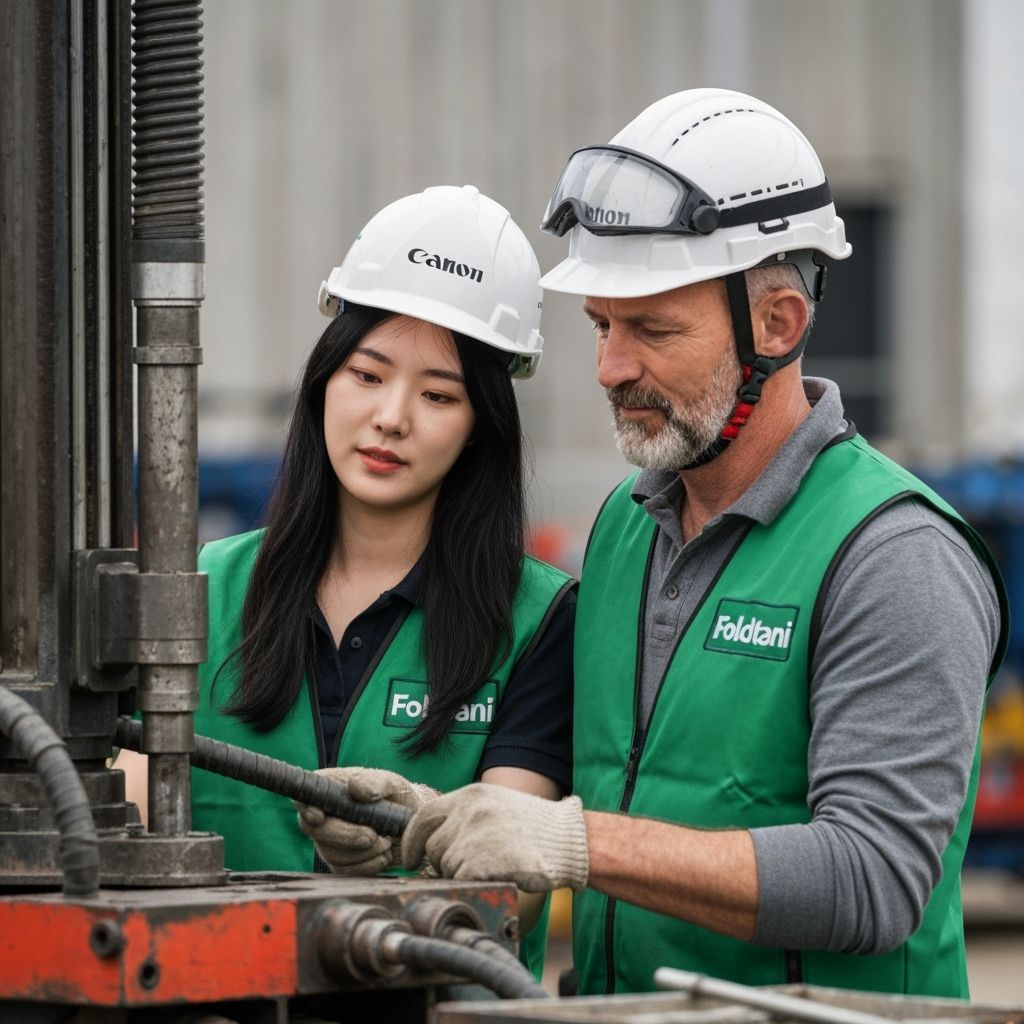 Industrial Safety: Korean Woman and Italian Man Work on Dril...