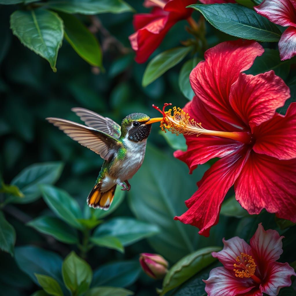 Hummingbird Sipping Nectar in Tropical Garden