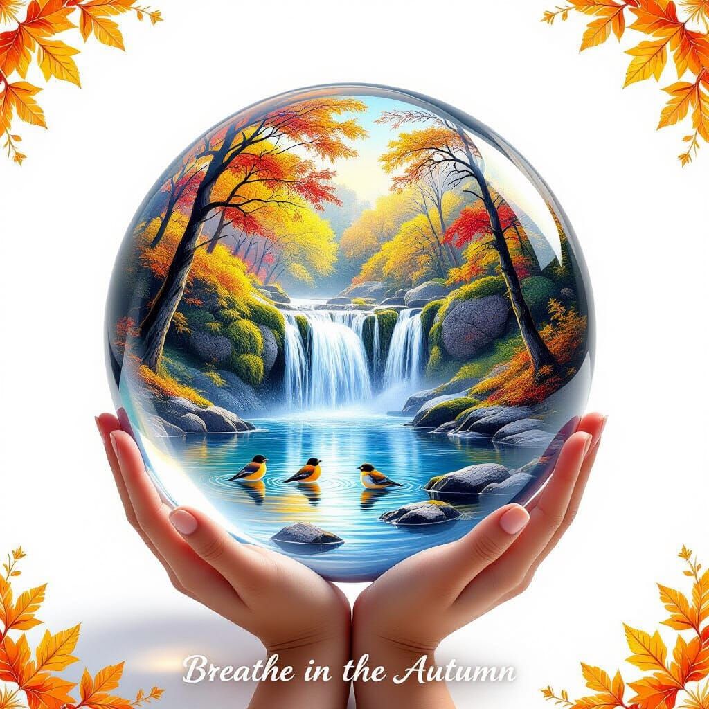 Autumn Magic: Miniature Waterfall Scene in Glass Sphere
