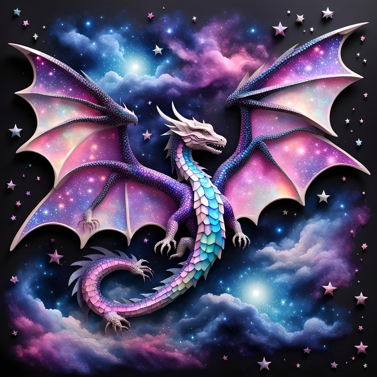 Miniature Iridescent Dragons Fly Through Galaxy in 3D Mosaic