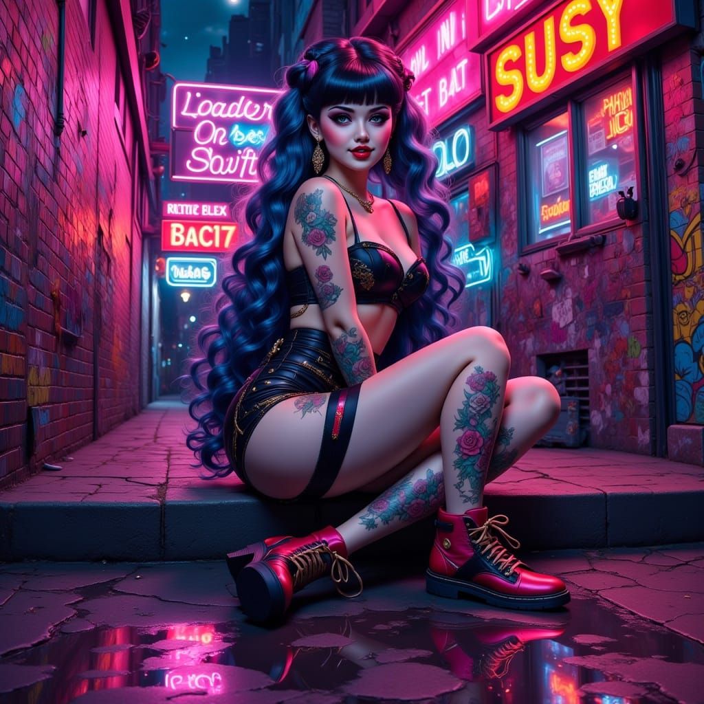 Bratz-Style Neon Punk Woman in Graffiti Alley
