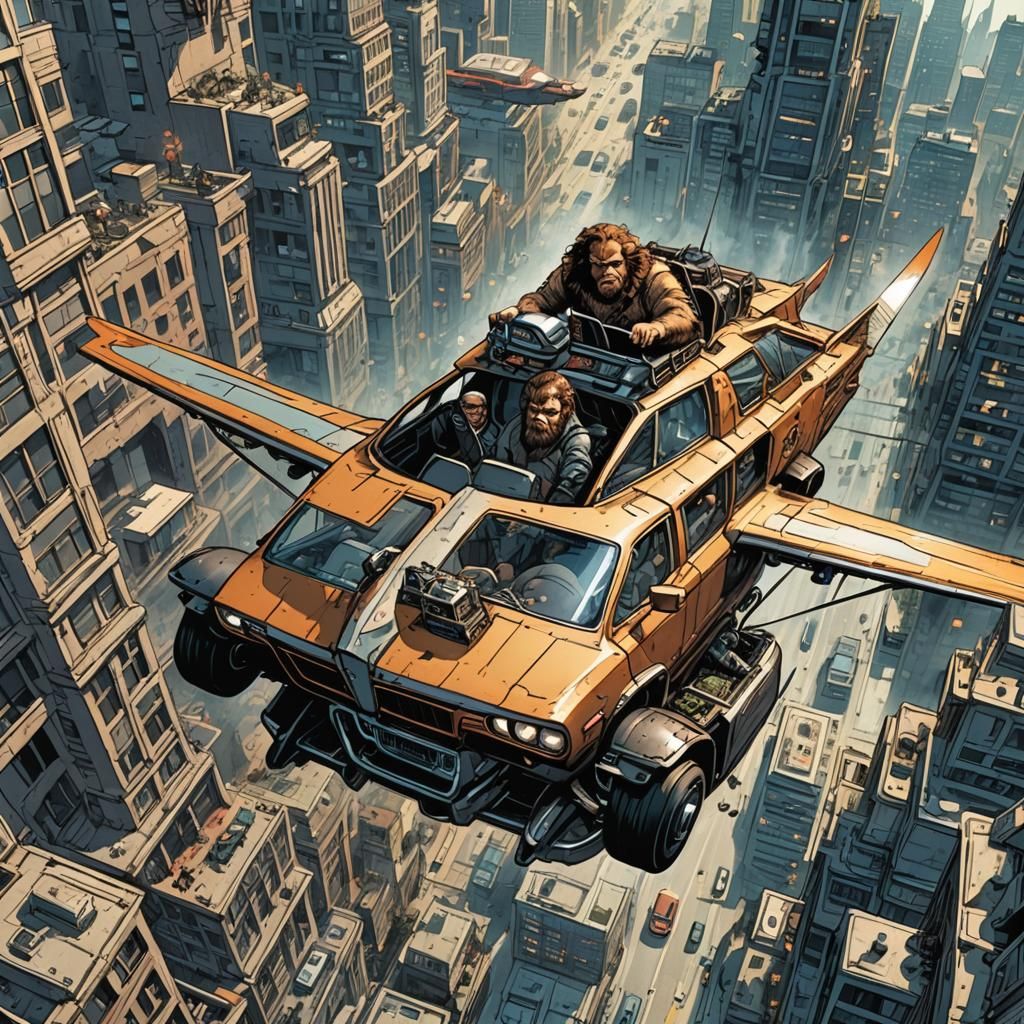 Neanderthal Piloting Flying Car in Comic Book Art