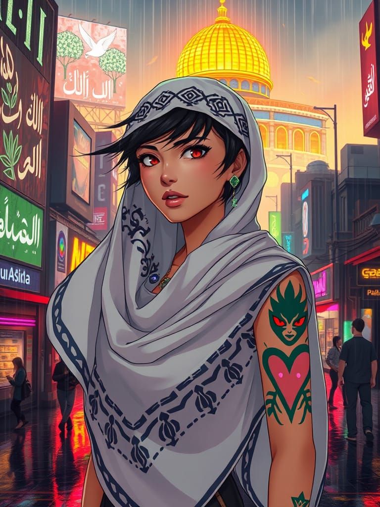 Cyberpunk Palestinian Woman Radiates Power in Anime-Inspired...