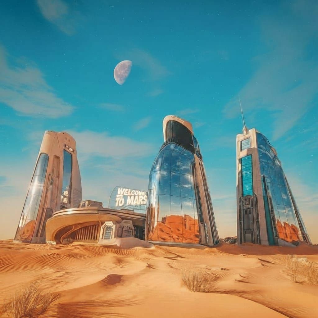 A Futuristic Alien Cityscape Under Brilliant Blue Skies