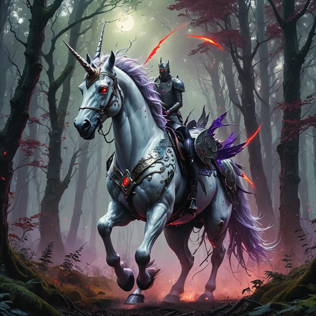 Red-Eyed Unicorn Charges Through Mystical Forest