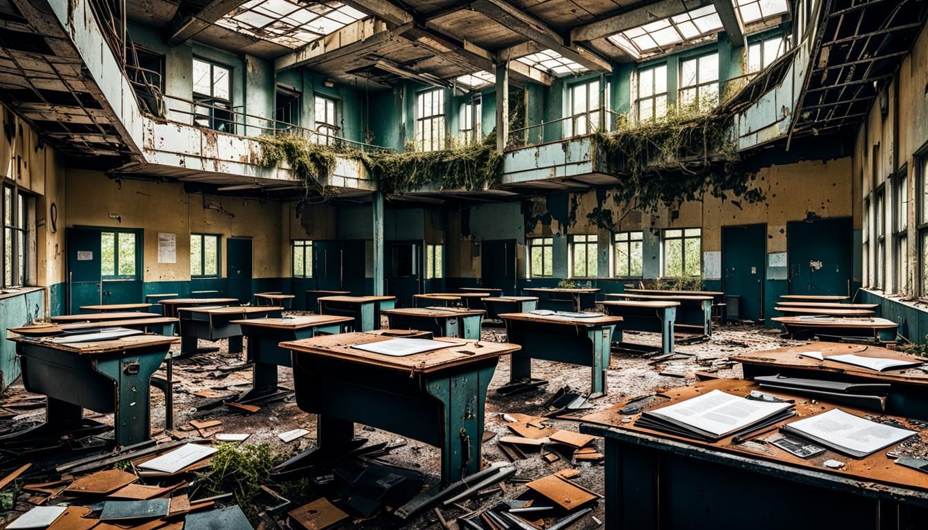 Post-Apocalyptic School Interior in Hyperrealistic Style