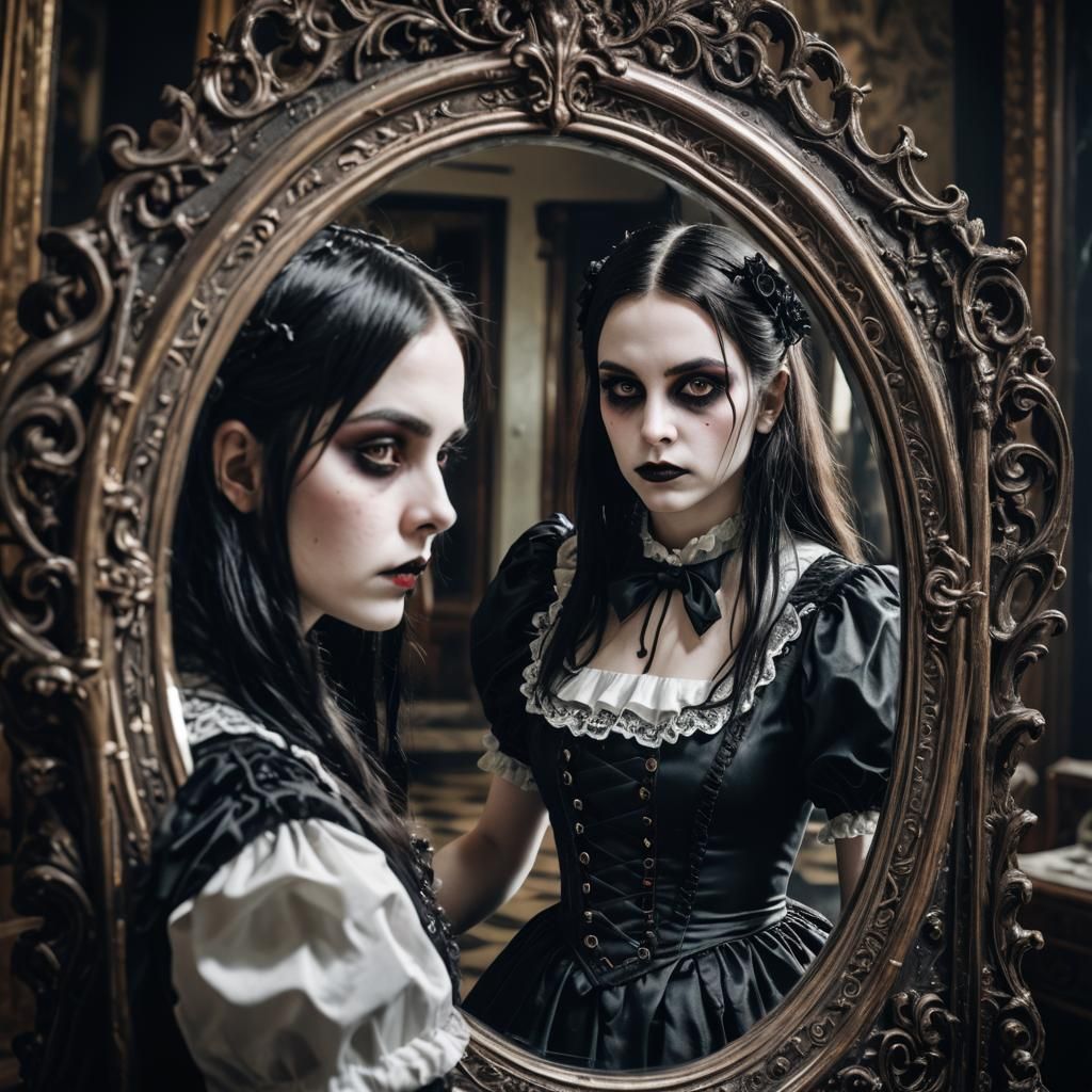 Gothic Alice in a Hyperrealistic Mirror Scene