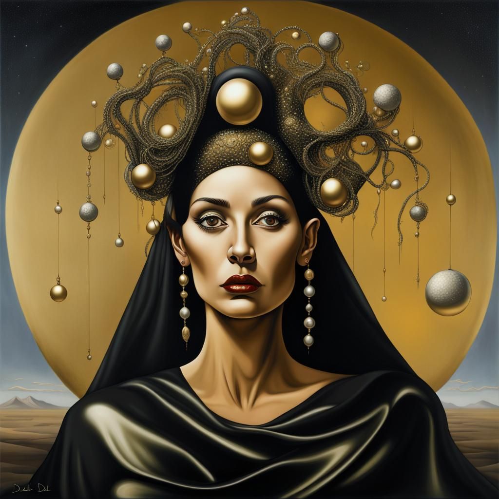 Celestial Spanish Woman with Golden Orbs, Surrealist Art