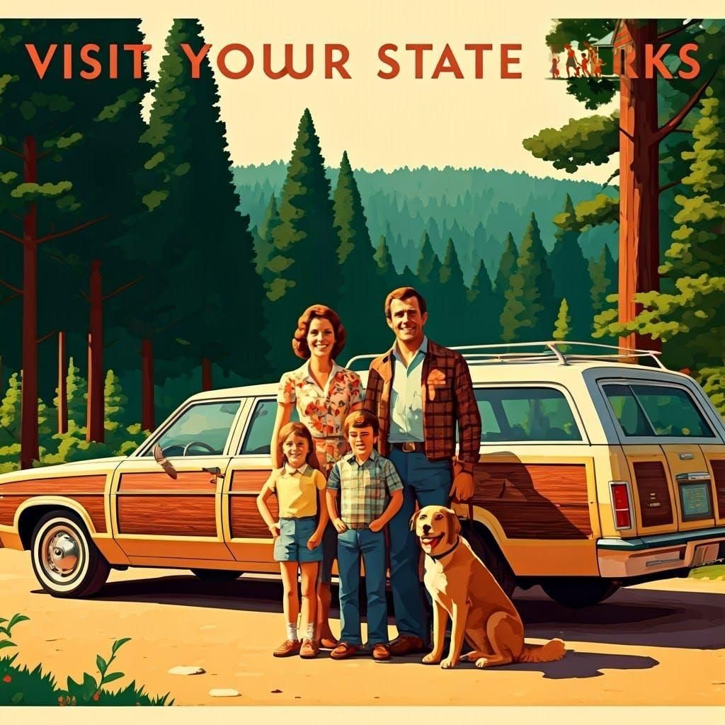 Vintage Family Vacation Scene with Dog, Norman Rockwell Styl...