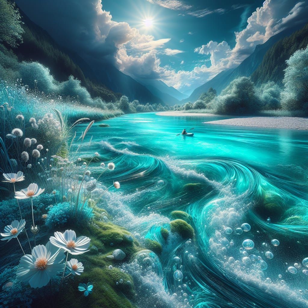 Surreal Blue River Scene with Wildflowers and Soft Light
