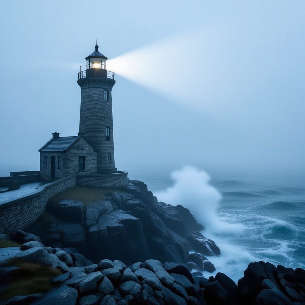 Ancient Lighthouse Beam Pierces Dense Sea Fog