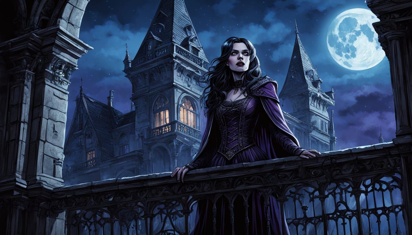 Wizard Woman on Gothic Balcony in Comic Art Style