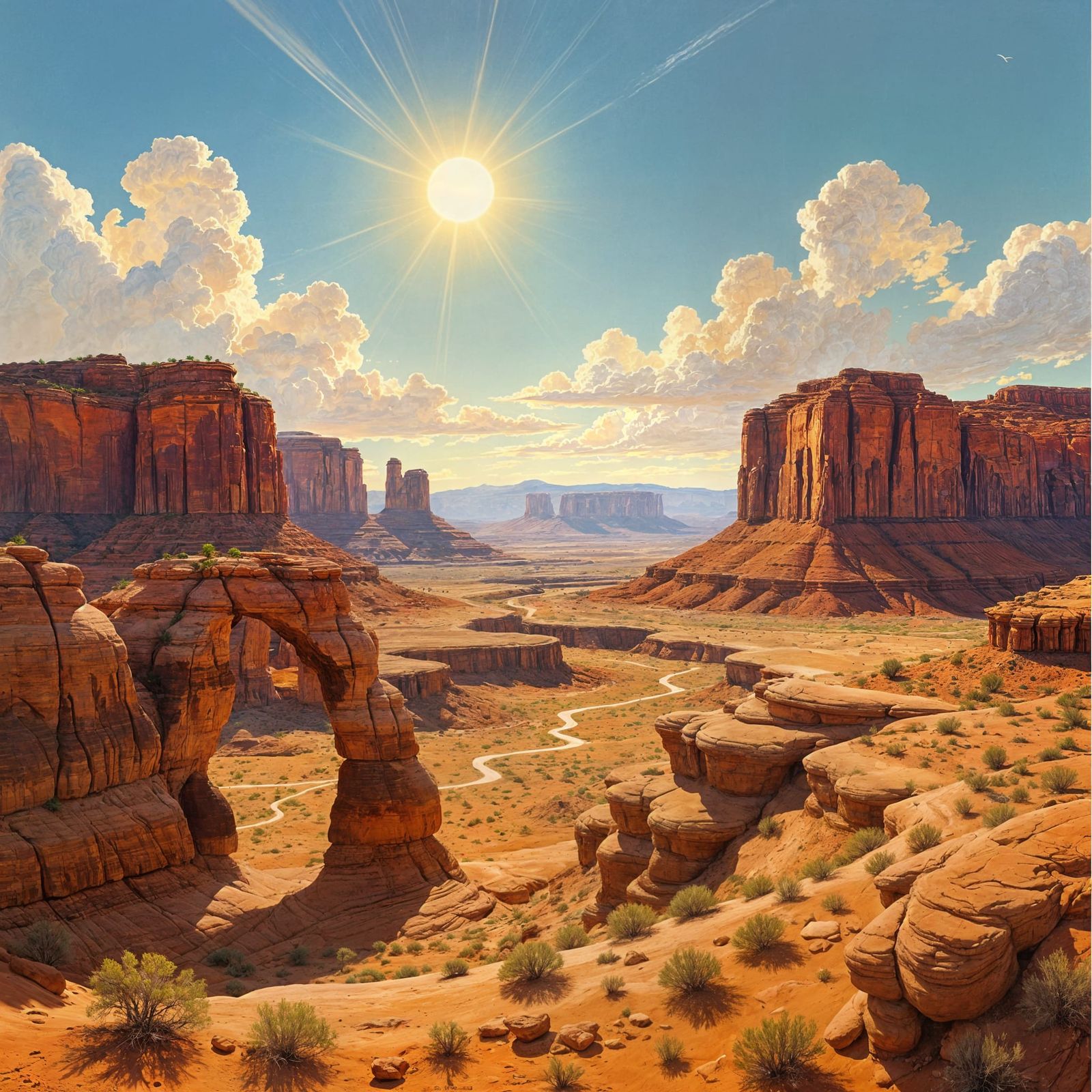 Vibrant Desert Butte Oil Painting with Rock Arch
