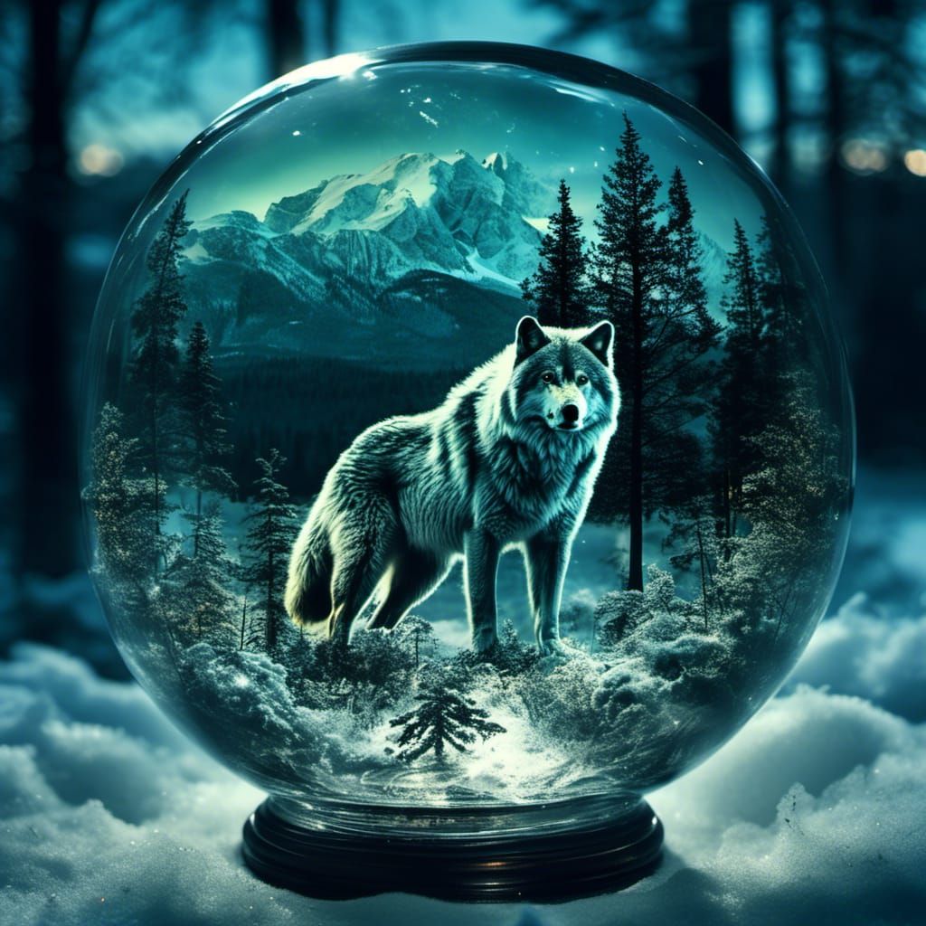 Double Exposure: Wolf, Bear, and Mountain Scene