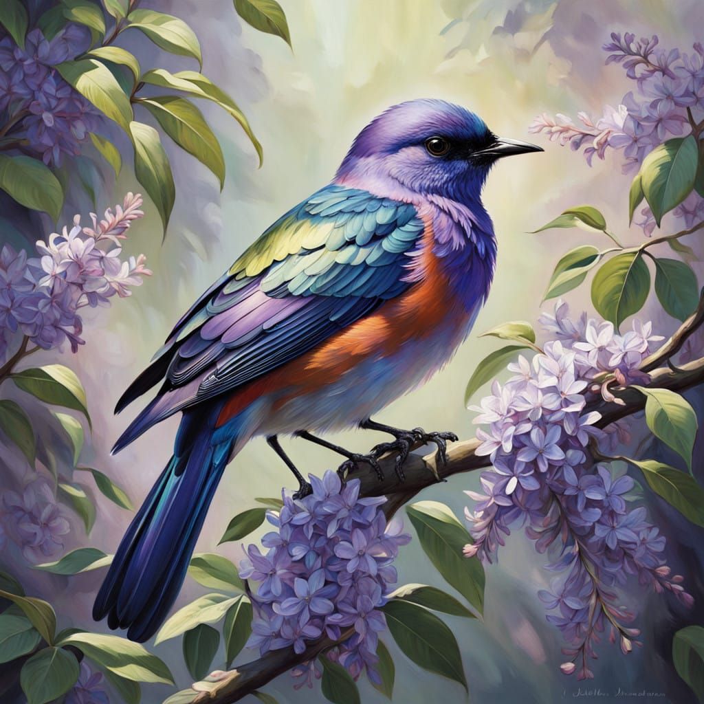 Iridescent Bird on Lilac Branch: Impressionistic Style