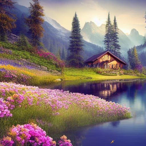 Picturesque Cottage by Mountain Lake: Hyperrealistic Matte P...