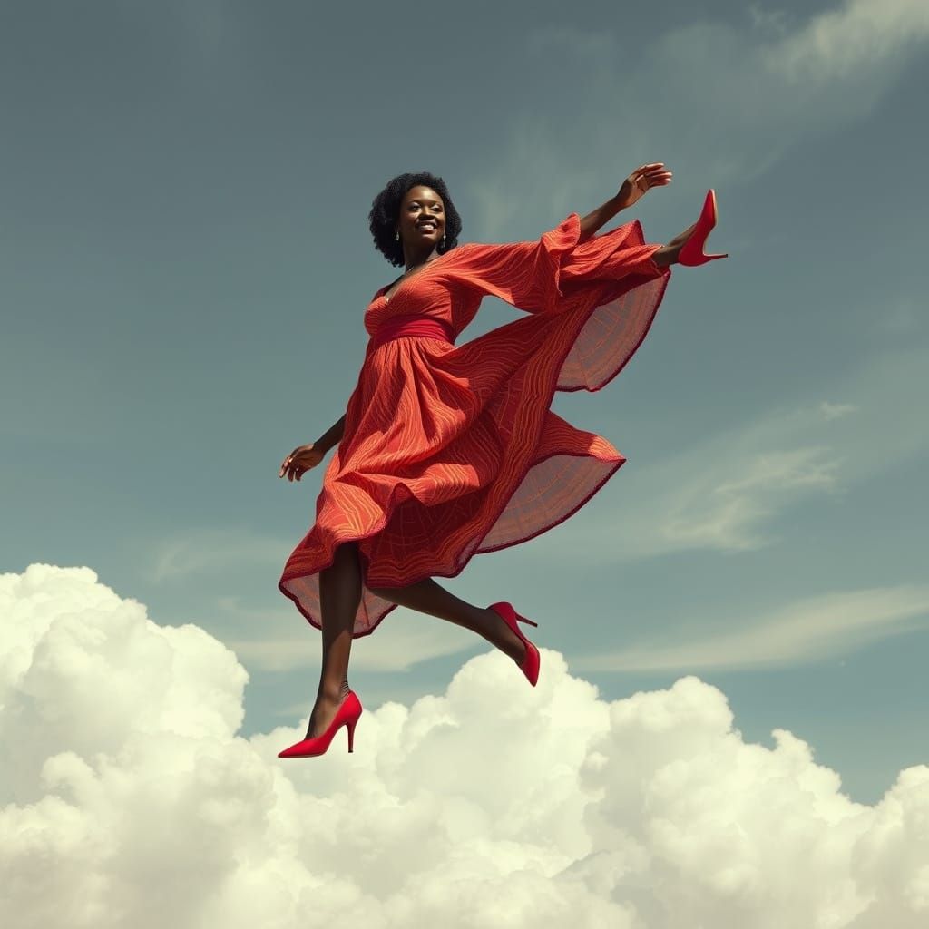 Close up of a African  mature Lady dancing in the sky, wearing red shoes, extremely photorealistic scene.