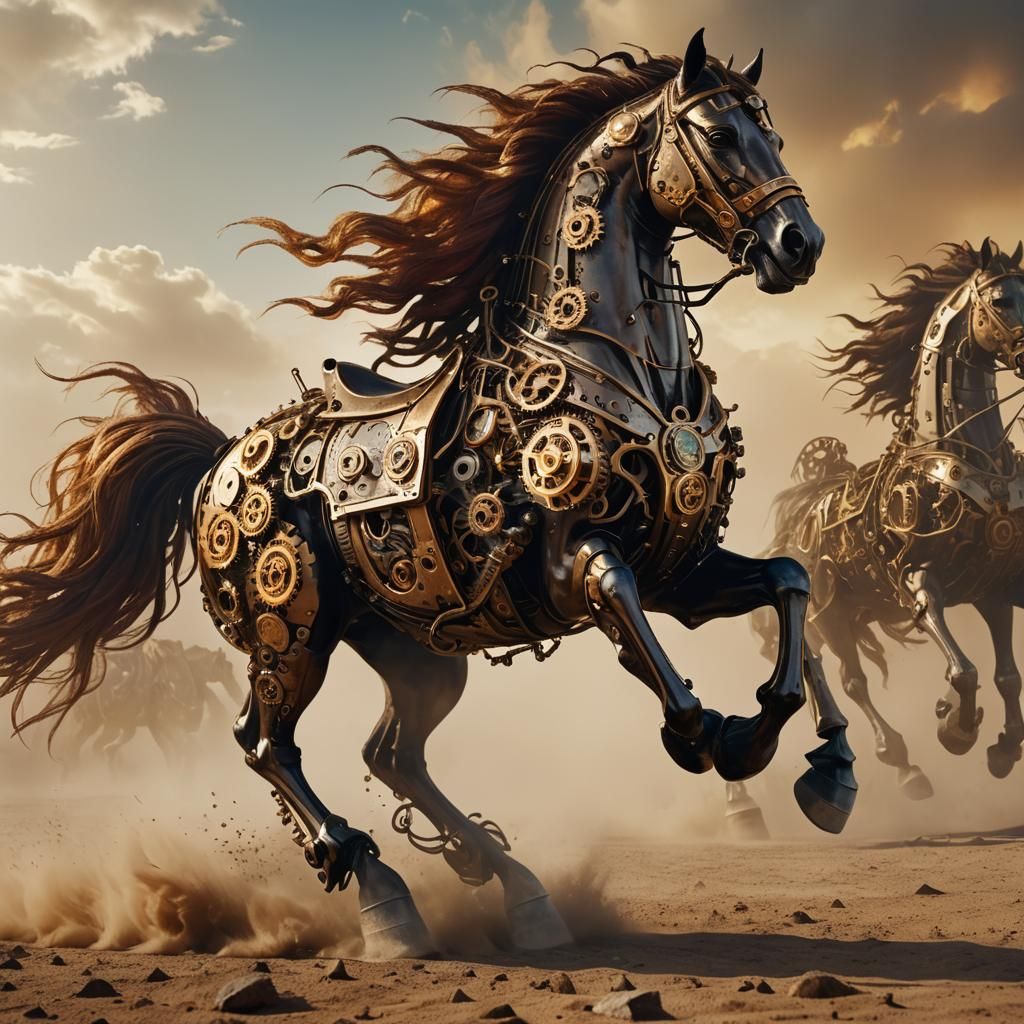 Steampunk Mechanical Horse Galloping in Desert
