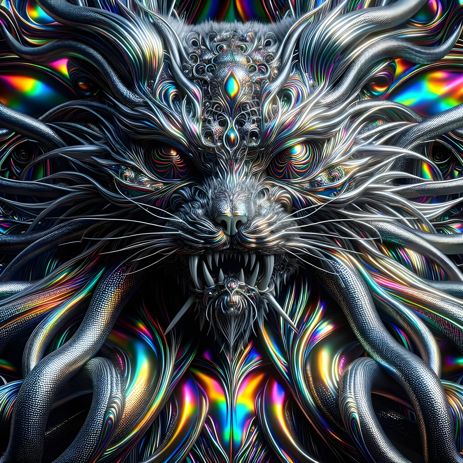 Kaleidoscopic Metallic Cat-Humanoid in Mirrored Armor