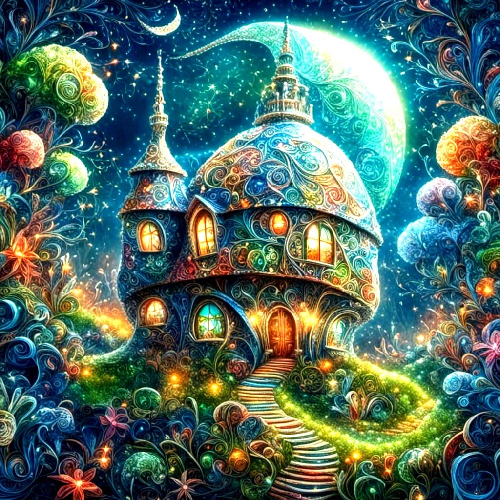 Fantasy Snail House in Silver, Blue, and White