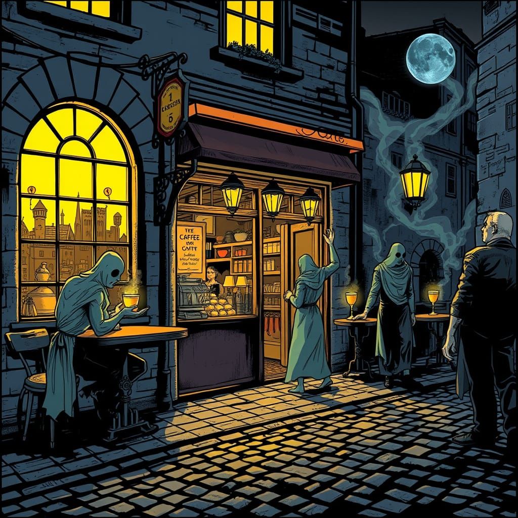 Mystical Coffeehouse on Moonlit Street with Spectral Patrons