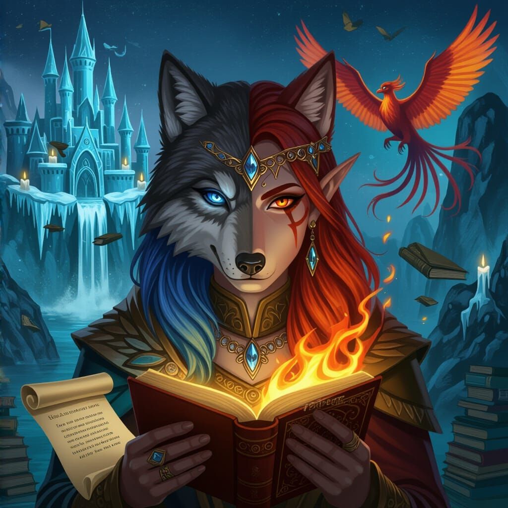 Dark Elf Wolf Chimera With Fiery Hair and Crystal Sword