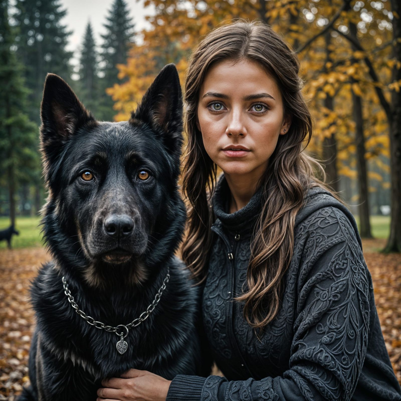 Hyperrealistic Portrait of a Young Girl with Her Loyal Germa...