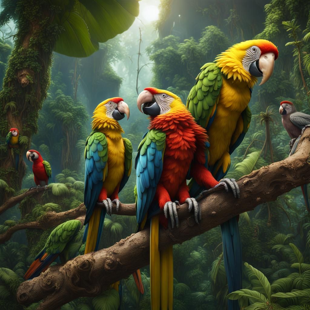 Parrots and Monkey in Jungle, Detailed Matte Painting